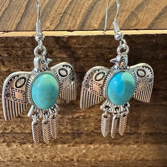 Navajo Thunderbird Turquoise Drop Earrings with Silver Plating – Elegant Gift B - Picture 1 of 7